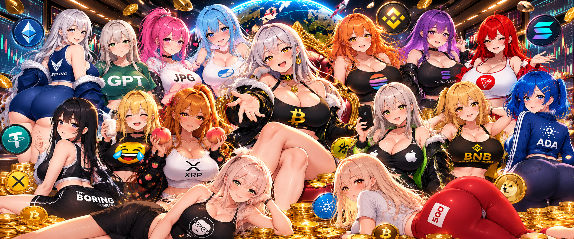 The $ASSETS cast posed together on a pile of coins, each character wearing a different crypto brand.